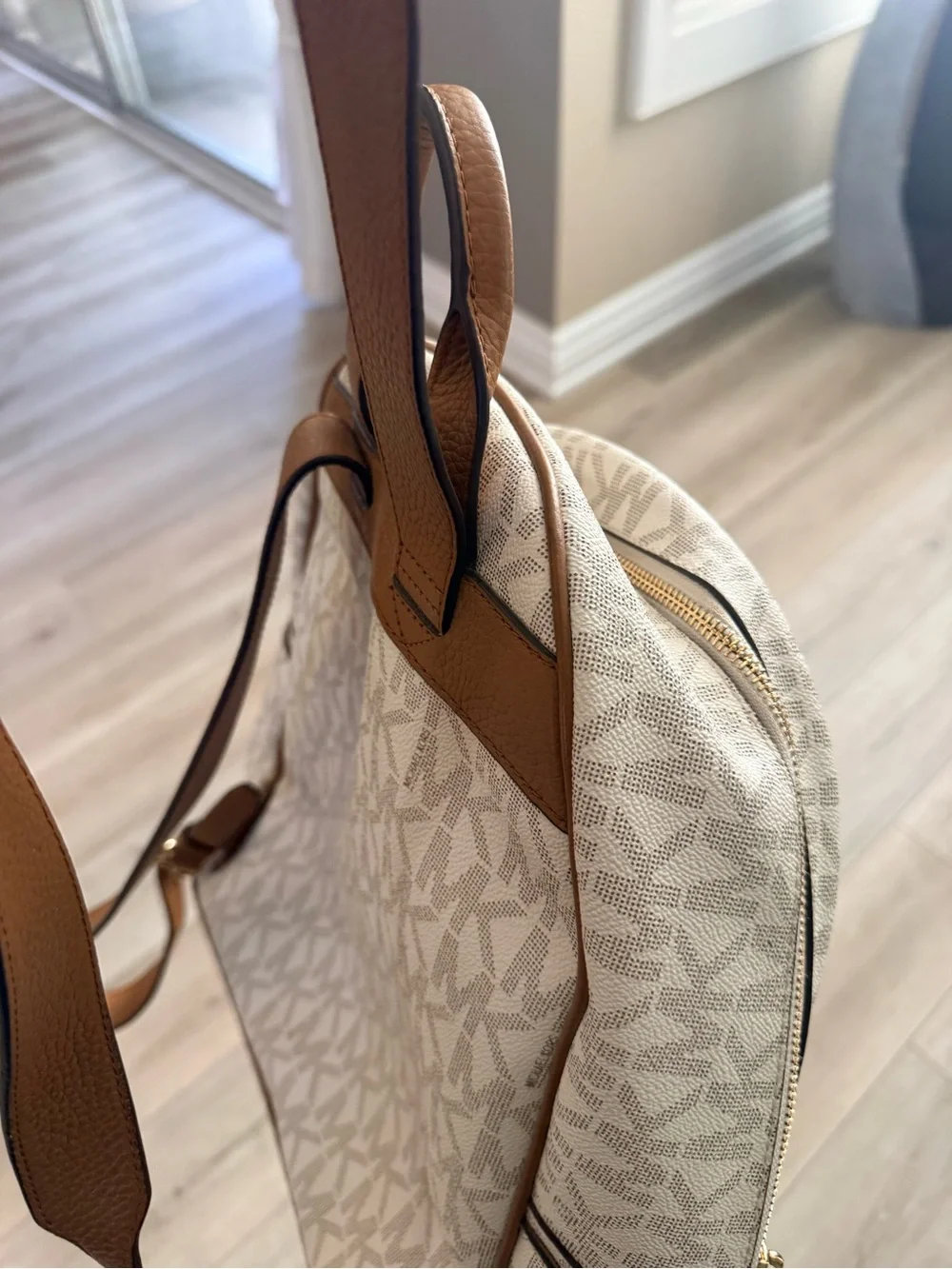 Michael Kors Cream & Brown MK Logo Backpack